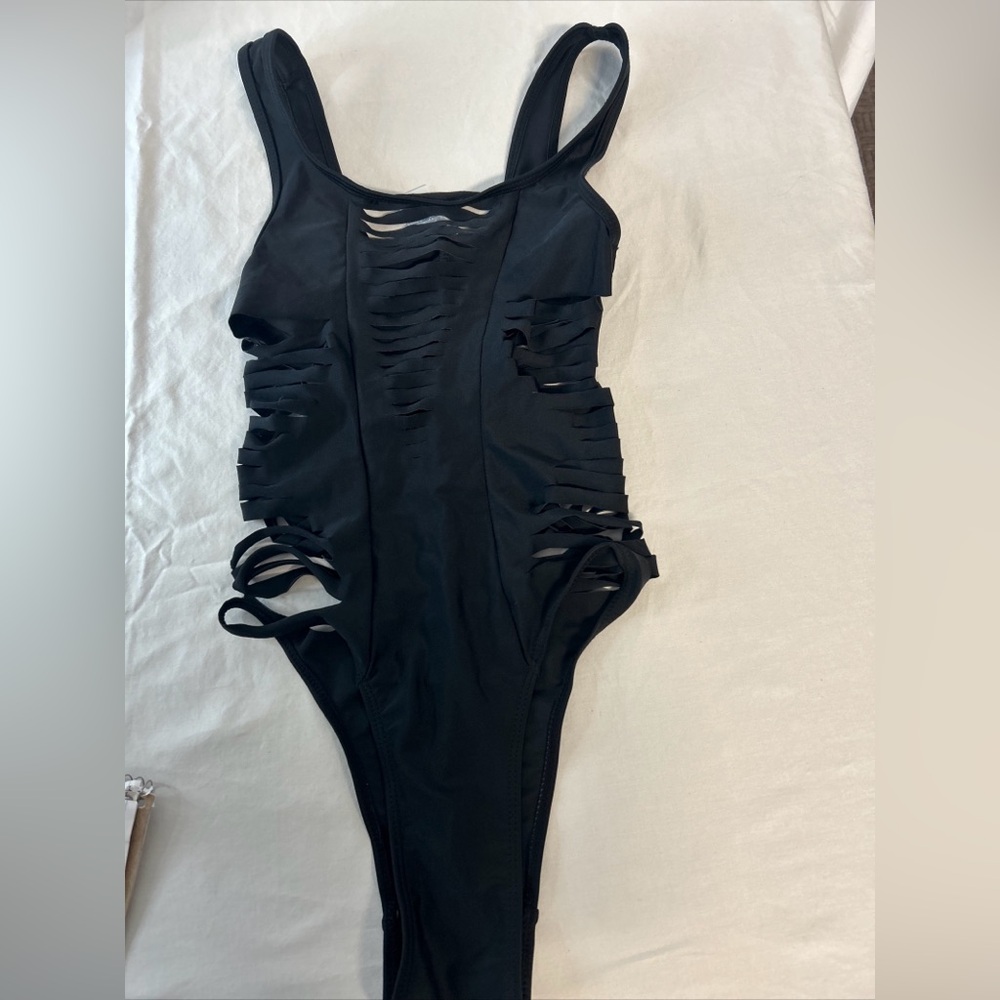 Top Melon Sexy 1 Piece Swimsuit Black Sliced Size Large Photoshoot Rave EUC